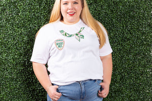This Troop Beverly Hills scarf tee shirt is for the girl who wishes she could be Phyllis Nefler. You've seen other Troop Beverly Hills shirts, but this is an original, baby - the logo is inspired by the film and iconic Beverly Hills sign, and hand-drawn by Bonnie Bryant O'Connor, with a jaunty, trompe l'oeil, hand-drawn palm print scarf.