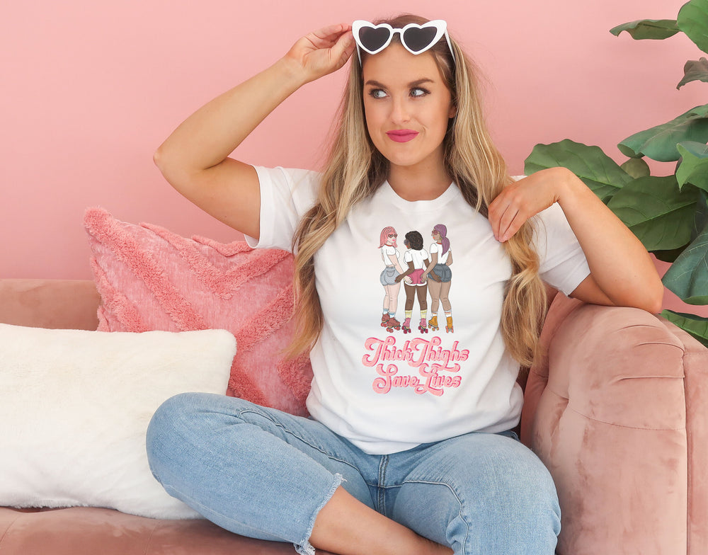 Retro Rollerskating Illustration Thick Thighs Save Lives Tee