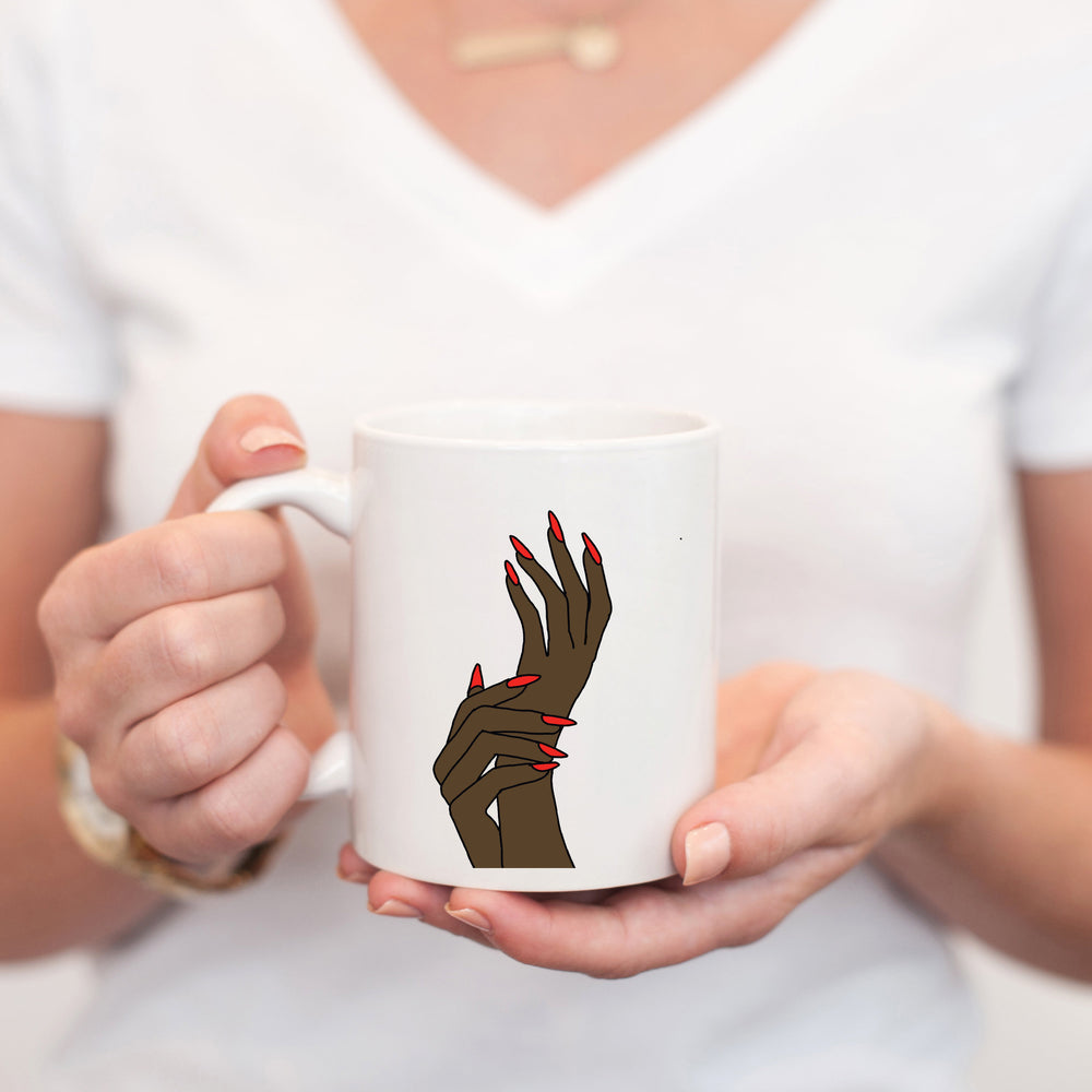 
            
                Load image into Gallery viewer, Fashion Illustration Mug With Red Nails - Dark Skin tone
            
        