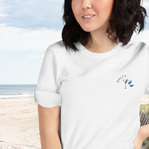 Our Salty tee is brand new for summer and ready to party. It features an embroidered dirty martini, embroidered oyster, and embroidered "SALTY" on the left chest. Wear it to a bonfire at your summer share in Nantucket or a beach party at Surf Lodge in Montauk. Original copyrighted design by Bonnie Bryant O'Connor.
