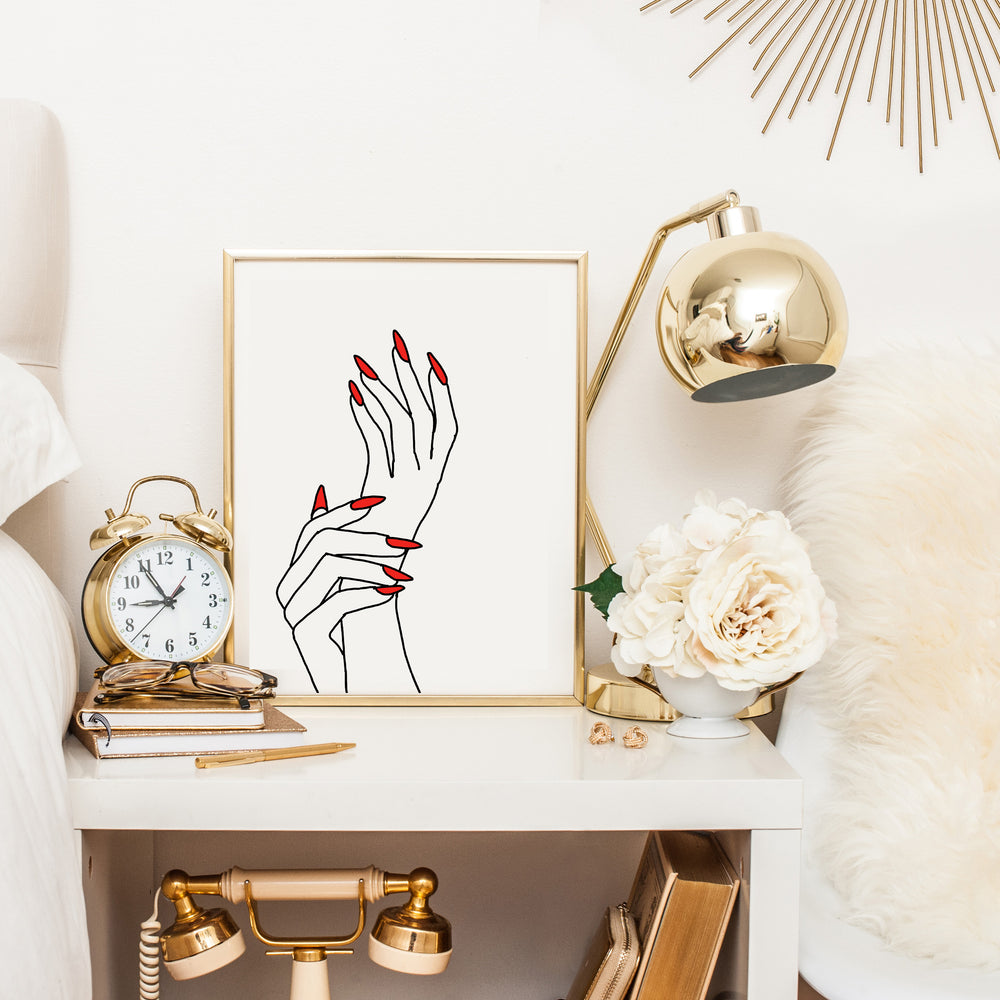 Fashion Illustration Print with Red Nails - Line Illustration